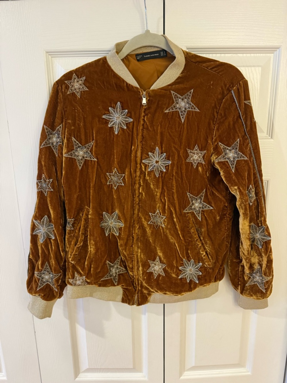 Zara Brown Velvet Star Appliqué Bomber Jacket